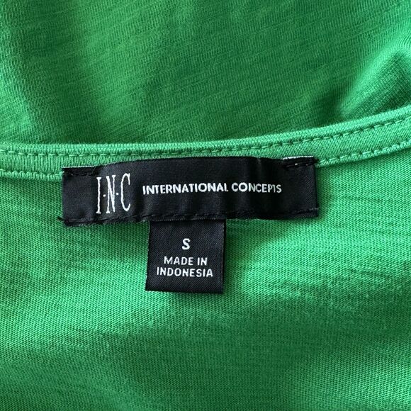 INC Small Top V-Neck Puff Sleeves Ruched Sides Stretch Pleated Side Zip Green - Picture 7 of 9